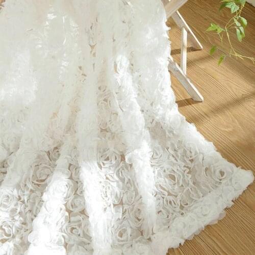 1Y European sweet white 3D rose lace fabric mesh 140cm wide embroidered custom living room bedroom curtains wedding accessories