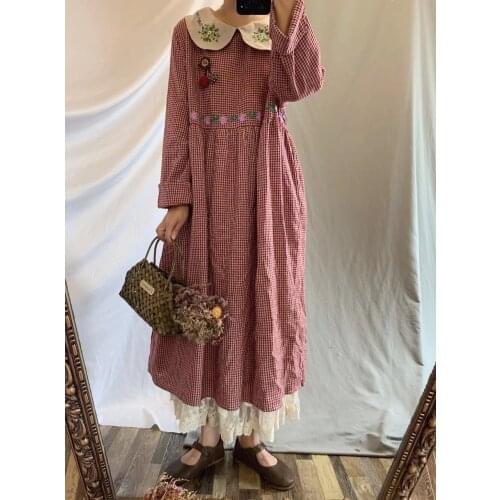2021 Autumn Dress Women Small Fresh Embroidery Flower Lapel Long Sleeve Plaid Dress Casual Sweet Princess Daily Wear