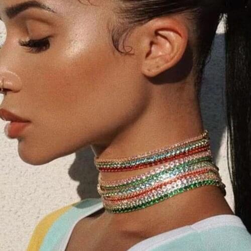 2021 Luxury Crystal Rhinestone 1 Row Short Rainbow Tennis Clavicle Chain Choker Necklace Wedding Jewelry for Women Bijoux Femme