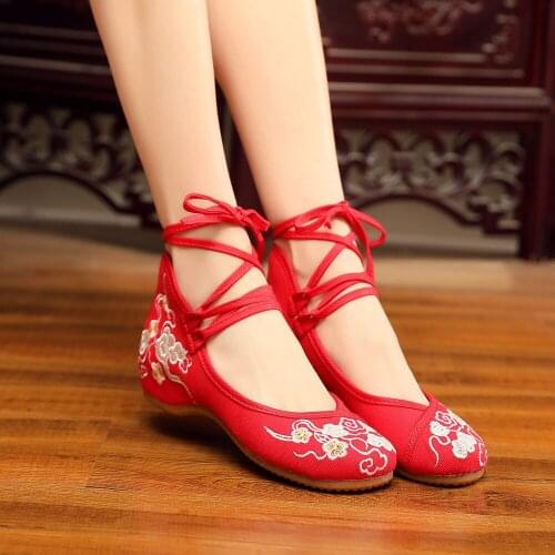 Retro Ankle Strap Ladies Canvas Embroidery Ballet Shoes Chinese Style Women Casual Comfort Cotton Ballerinas Flats