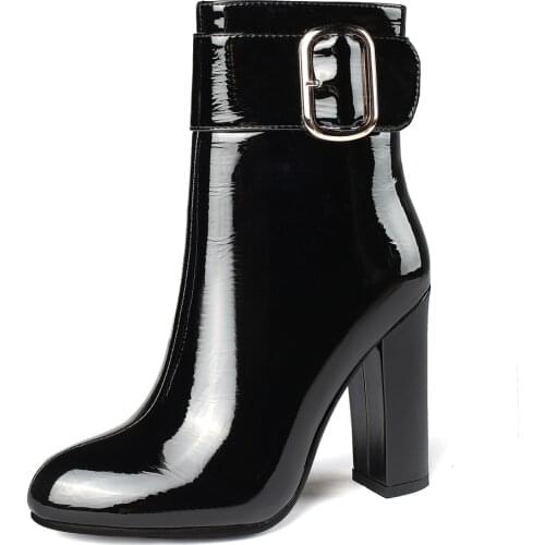 Super High Heel Fashion Stretch Patent Leather Ankle Boots Burgundy Bright Leather Super High Thick Heel Plush Womens Boots