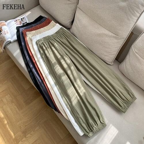 Casual Style Cotton Linen Pants Women 2021 Spring Summer New Elastic Waist Solid Basic Retro Loose Womens Harem Pants Trousers