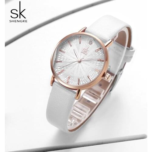 Shengke Fashion White Stylish Women Watch Leather Band Analog Round Wrist Watch Quartz Watches Women Clock Reloj Mujer Elegant