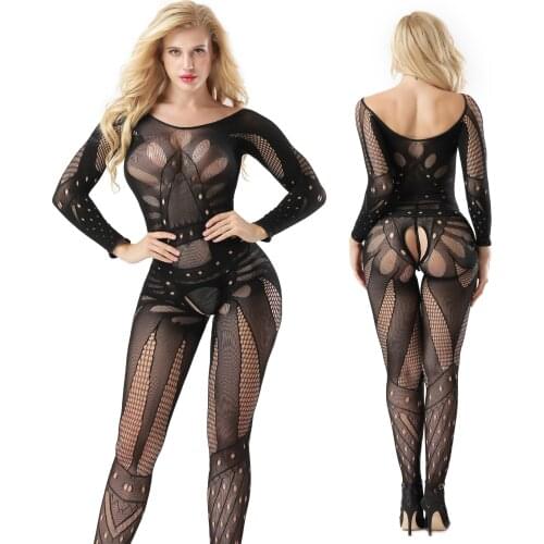 Long Sleeve Encryption Black Appeal Bodysuits Sexy Open Fork Stockings Cutout Hollow Fishnet Siamese Lingerie for Women
