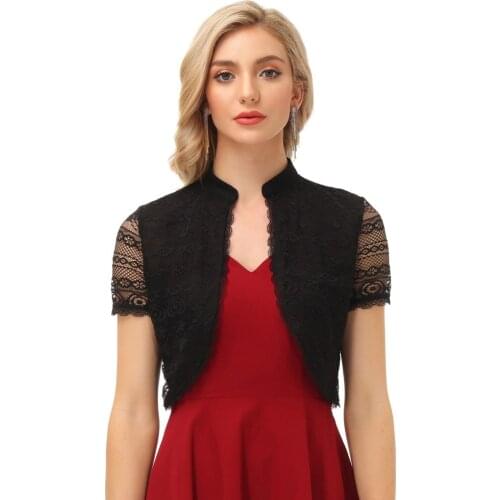 Formal Women Lace Bolero Wedding Party Bridesmaid Stylish Short Sleeve Stand Collar Open Front Shrug Elegant Vintage Coats Lady