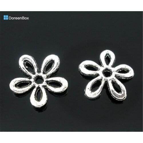 Doreen Box hot- 100 Silver Color Flower Spacers Beads Findings 11x11mm (B05906)