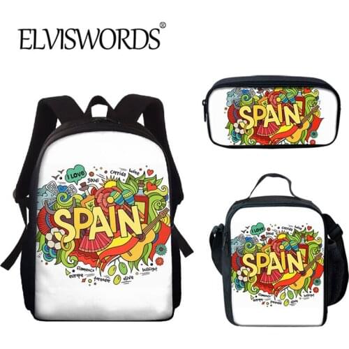 ELVISWORDS Spain Graffti Design School Bag for Student 2021 Back to School Book Bag 3pcs Set Polyester Backpack and Pencil Case