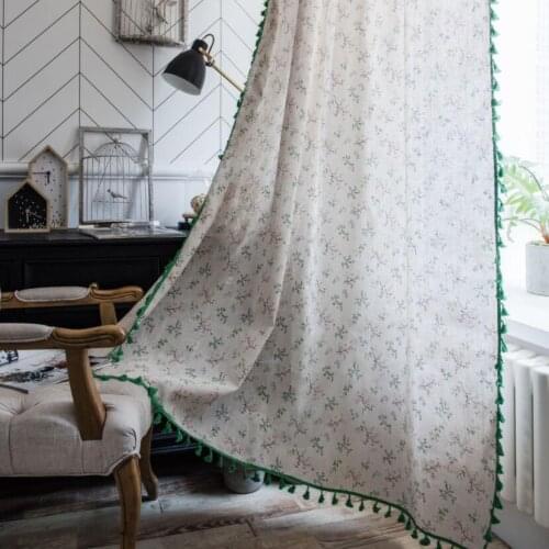 Classy Small Flowers Green Curtains with Tassel Trim Window Curtain Half Blackout Bedroom Cotton Linen Cortinas Home Decor ZC122