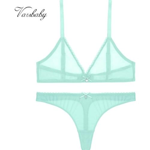 Varsbaby French Summer Mint Green Sexy Mesh Thong Set Unlined Transparent Soft Bra Set