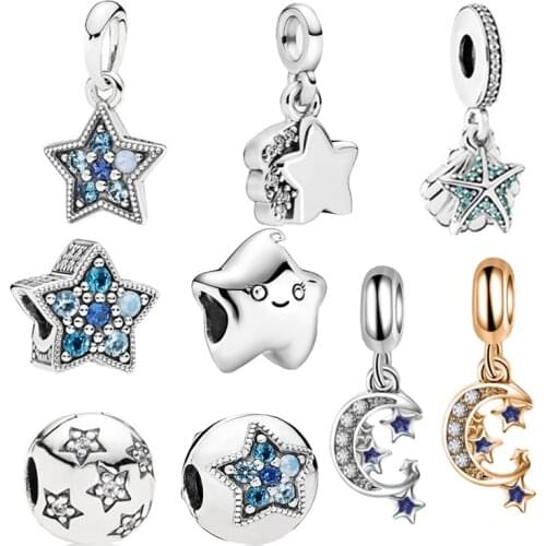 New Star and Moon Pendant with Large Hole Bead Fit Original Pandora Charms Silver Color Bracelets Women Girl Jewelry Gift Custom