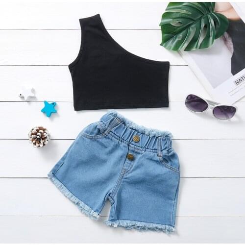 Fashion Summer One-shoulder Sloping Shoulder Top + denim Shorts Girls Suit Childrens Boutique Clothing