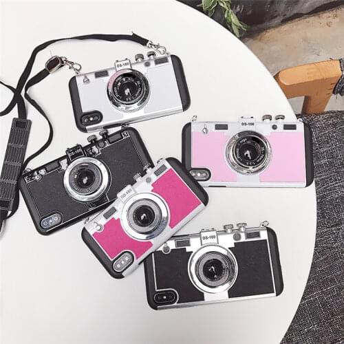 Fashion Retro 3D Camera Shockproof Lanyard Back Case Cover With Strap For iPhone 12 Mini 11 Pro Max Xs Max XR X 7 8 6 6S Plus SE