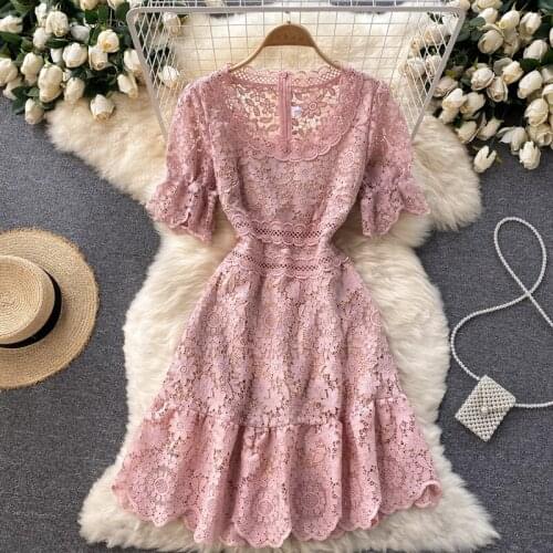 2021 Summer New Ladies Style Vestdos Female Round Neck Puff Sleeve Hollow Lace Ruffled Palace Style Mini Dress KK071