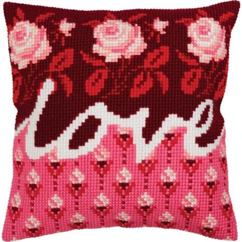 DIY Cross Stitch Cushion Front Love and Rose Needlepoint Kits Printed Canvas Chunky Yarn Cross-stitch Pillow Case Art and Crafts