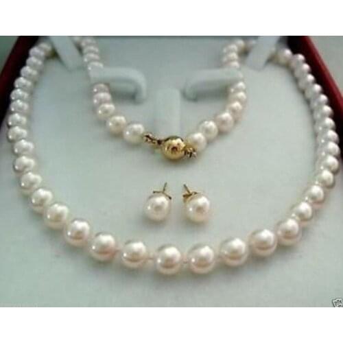 Stunning Gold Clasp 8-9MM AAA+ White Akoya Cultured Pearl Necklace Earring