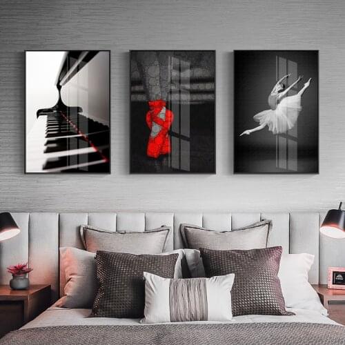 Simple Nordic Black And White Ballet Girl Dance Piano Red Shoes Home Decoration Canvas painting Prints Poster Wall Art picture