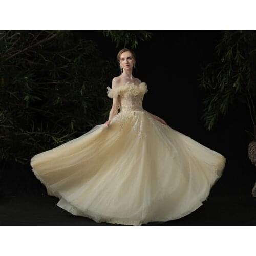 Clearance Production Champagne Off-Shoulder Lace Floor Length Wedding Dress Ball Gown