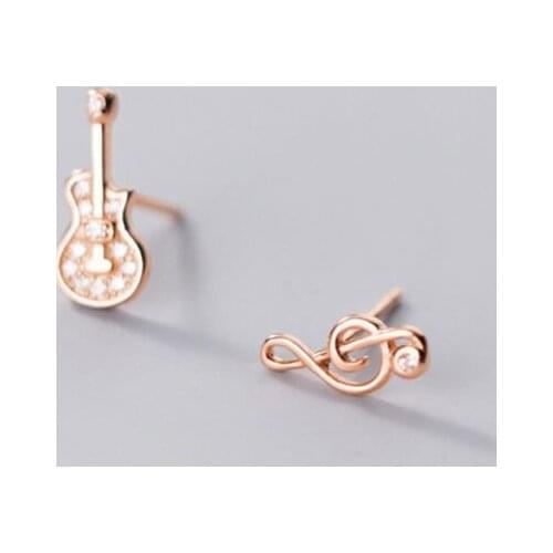 Real 925 Sterling Silver Zircon Musical Note Stud Earrings For Fashion Women Hiphop Fine Jewelry Asymmetry Accessories