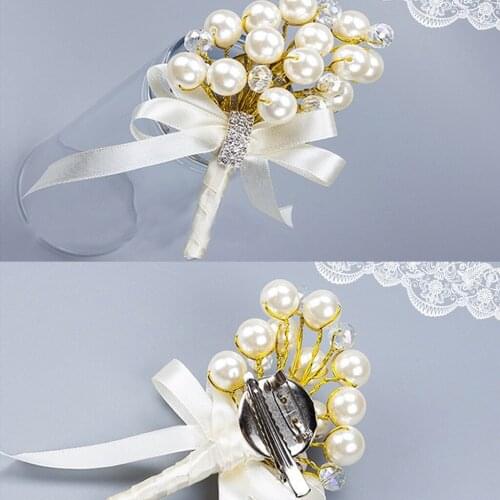 Wedding Ceremony Party Luxury Faux Pearl Crystal Rhinestone Boutonniere Corsage Bride Groom Decoration