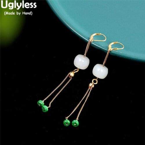Uglyless Natural Beeswax Amber Jade Earrings for Women Adjustable Long Tassels Lotus Jade Earring 925 Silver Vogue Dress Jewelry