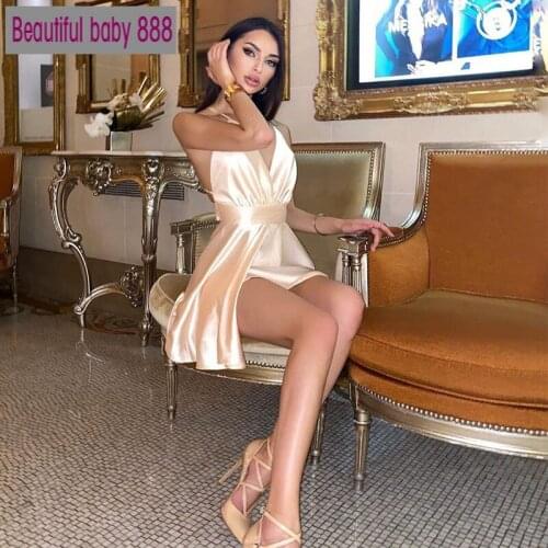 Meqeiss 2020 New Satin Sexy Backless Sleeveless Party Night Club Wrap Mini Dresses Spaghetti Straps Elegant Dress Solid Vestidos