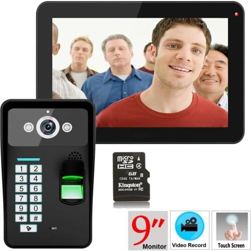 9inch Recording RFID Password Fingerprint Recognition 900TVL Color Video Door Phone Intercom Rainproof Night Vision 8G TF Card