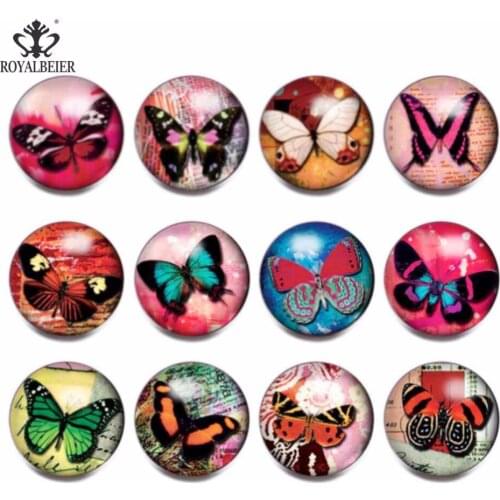 RoyalBeier 12pcs/lot Vintage Butterfly Theme Glass Charms 18mm Snap Button Jewelry For 20mm Snaps Bracelet Snap Jewelry KZ0816