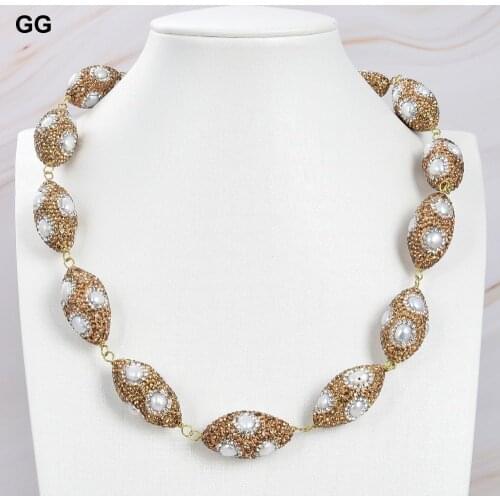 GuaiGuai Jewelry Cultured White Keshi Pearl Golden CZ Plated Oval Nugget Beads Necklace Lady Women Gift Jewelry
