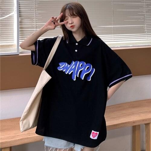 2021 Summer POLO Collar Letter Printing Womens Loose Loose Casual Top T-shirt College Style