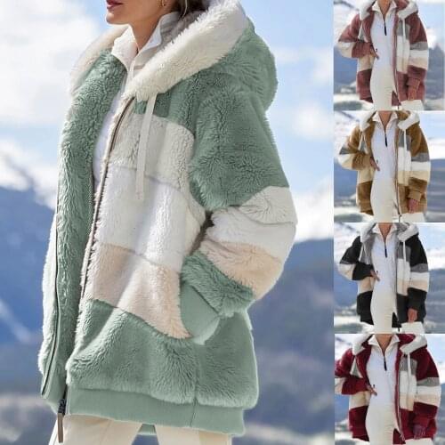 Thick Warm Teddy Women Jacket Coat 2021 Winter Long Sleeve Fluffy Outerwear Female Hooded Zipper Pocket Jacket Cashmere Overcoat