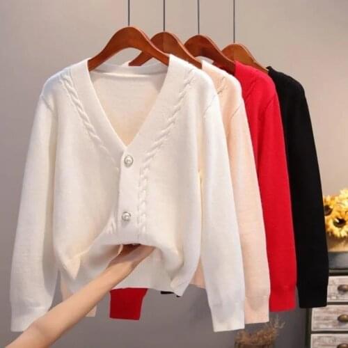 Sweater Cardigan Women Jacket Spring Autumn New Long Sleeve V-Neck Knit Top Pearl Single Breasted Soft Short Sweet Outwear
