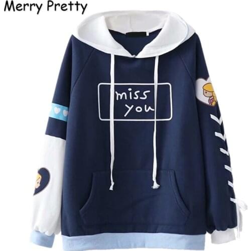 MERRY PRETTY Women Letter Print Pocket Hooded Sweatshirts Winter Long Sleeve Lace Up Pullover For Femme Sweet Style Hoodies S-XL