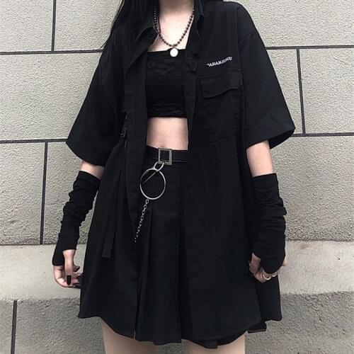 Summer Gothic Loose Shirt Top Women Two Piece Set Skirt Harajuku Egirl Oversized Tops Jupe Grunge Clothes Egirl Dropshipping