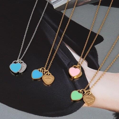 Stainless Steel Necklaces For Women Forever Love Heart Pendant Necklace Geometric Design Double Heart Chain Necklaces Jewelry