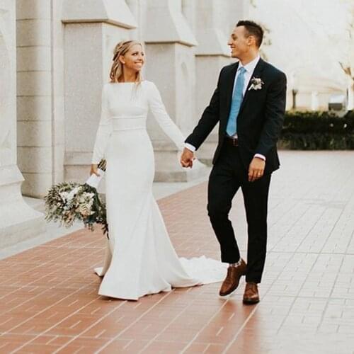 Muslim Arabic Long Sleeves Wedding Dresses 2021 Boho Elegant Korea Summer Plus Size Satin Bridal Gowns Cheap Vestidos De Novia