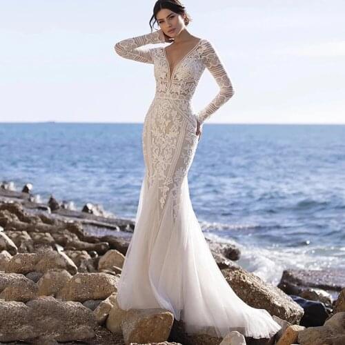 Sexy Wedding Dresses Tulle Appliques Pleat V-Neck Full Sleeve Backless Mermaid Bridal Gowns Novia Do 2021 New