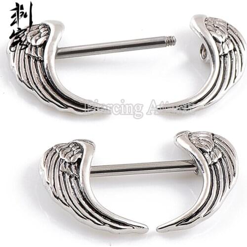 14 Gauge Body Jewelry Barbell With Large angel wings Nipple Ring