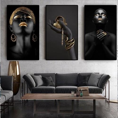 3 Panels Black Hand African Nude Contemplator Woman Oil Painting on Canvas Posters and Prints Wall Art Picture for Living Room