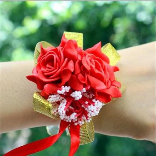 5pcs/lot Cheap Wedding Korean Silk Ribbon Rose Wrist Flower Bride Simulation Wrist Flower Creative Bridesmaids Wrist Flower