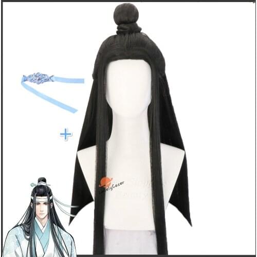 Anime Mo Dao Zu Shi Lan Wangji Cosplay Wig Props with Headband Black Hair+ Free Wig Cap Halloween Christmas Party Role Play