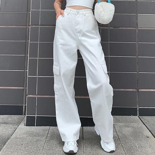 White Pockets Patchwork High Waist Jeans Women Streetwear Straight Jean Femme Blue 100% Cotton Cargo Pants