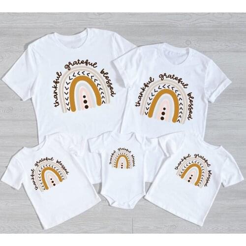 Thankful greatful blessed Matching Family rainbow Shirts Thanksgiving Family t-shirts Mom Dad Baby Thanksgiving Outfits