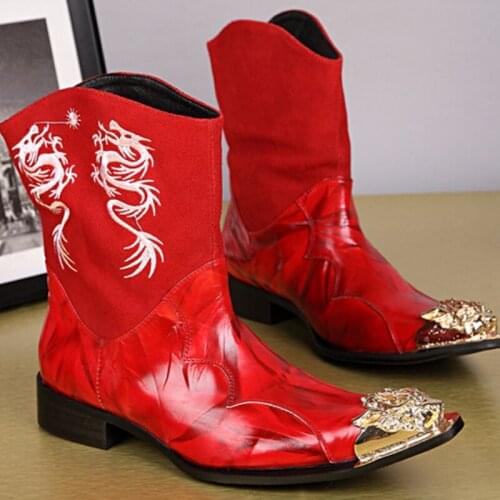 Christia Bella Plus Size British Pointed Toe Man Red Genuine Leather Boots Fashion Embroidery Male Party Boots Men Cowboy Boots