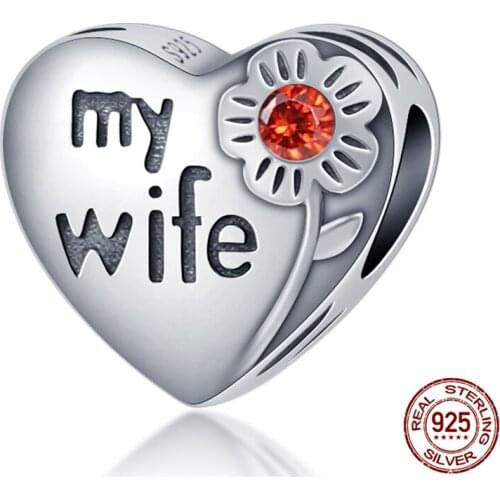 925 Sterling Silver Diamond Heart Shaped My Wife Bead Charm Fit Original Pandora Bracelet&Bangle Making Fashion DIY Jewelry