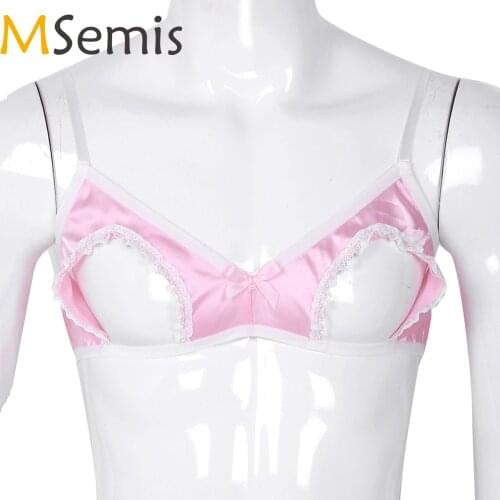 Mens Bra Top Gay Sexy Open Cup Exotic Tanks Lingerie Underwear Satin Hollow Out Nipples Shoulder Straps Wire-free Sissy Male Bra