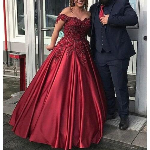 Burgundy Long Prom Dresses Ball Gown Satin Pearls Appliques Flowers Evening Party Dress Lace Up Backless Vestido De