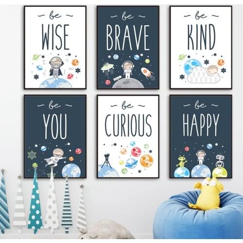 Astronaut Planet Rocket positive Quotes Nursery Poster Wall Art Boy Bedroom Canvas Painting Wall Picture Kid Room Decor Painting
