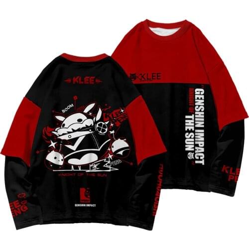 Harajuku Patchwork T-shirt Men Fake 2 Pieces Genshin Impact Klee Dodoko Bomb Long Sleeve Shirt O-Neck Black & Red Tees Tops