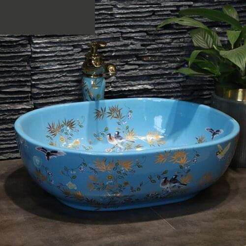 Ceramic Table Basin Oval European Art Basin blue flower bird ceramic Washbasin bathroom sink