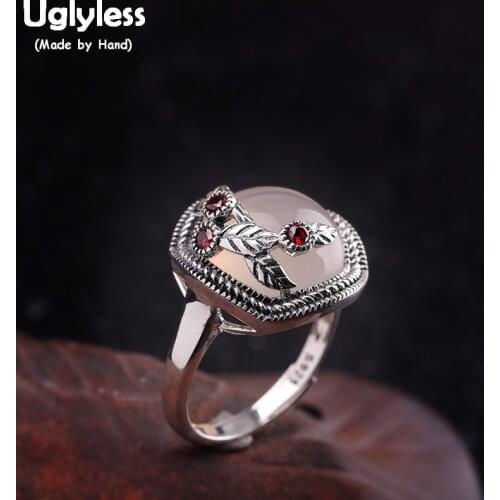 Uglyless Luxury Palace Stylish Women Natural White Gemstones Rings Chalcedony Flower Open Ring Real 925 Silver Leaf Jewelry R804